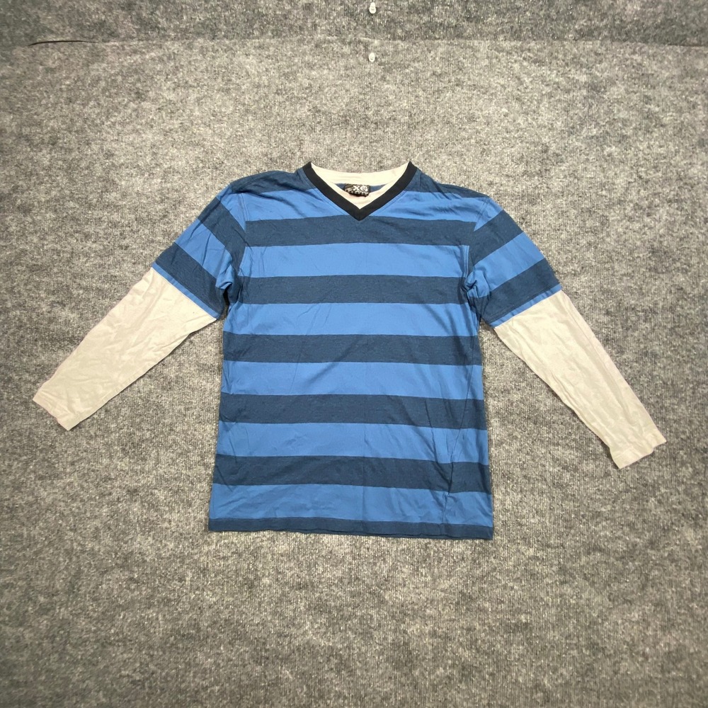 XG Mens Blue Striped Layered Long Sleeve V-Neck T-Shirt Size L Skater Y2K Style
